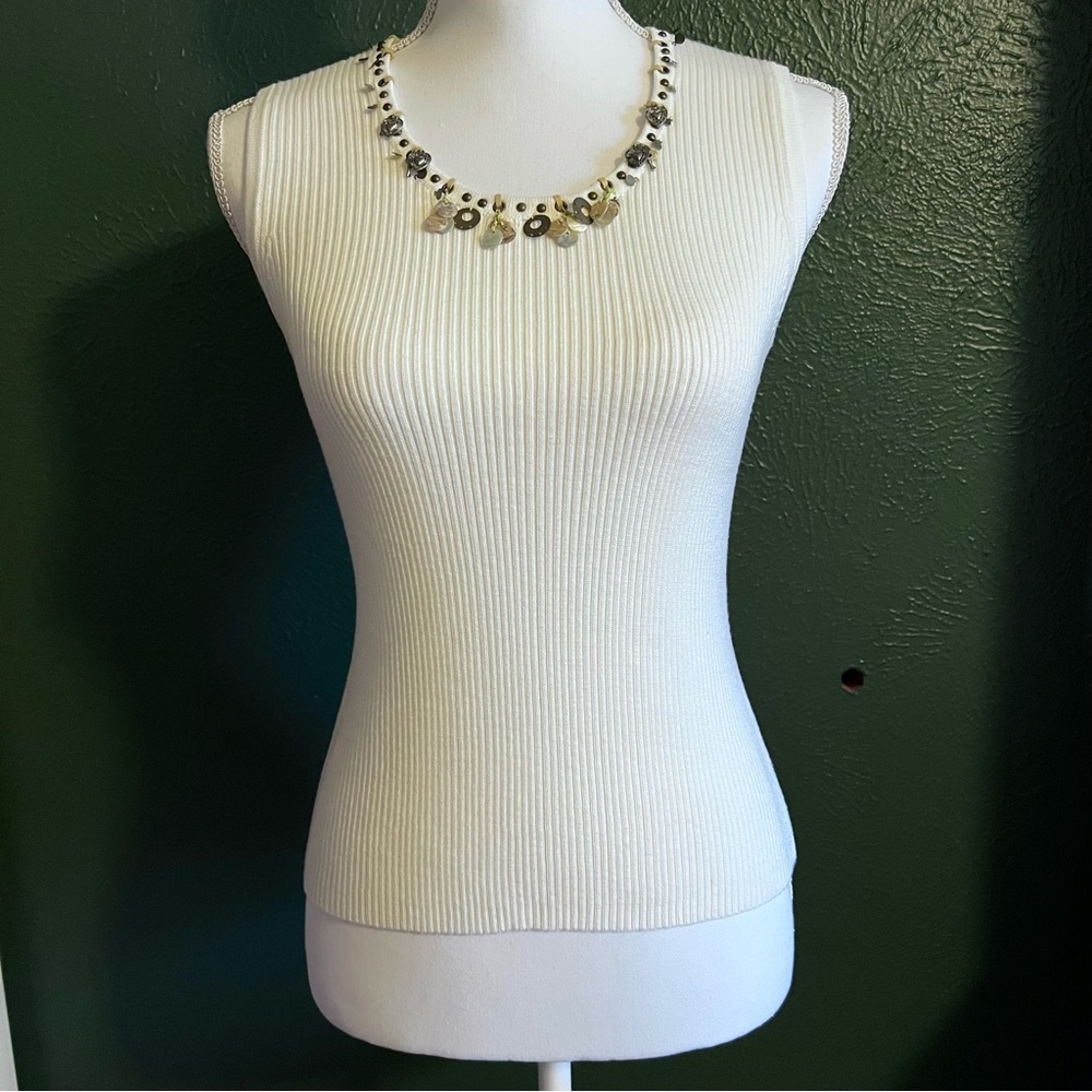 White Ribbed Knit Top with Beaded Neckline